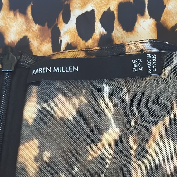 KAREN MILLEN Animal Print Leopard Mini Fitted Sheath Dress Mesh Sleeves Size 8 M - Picture 5 of 5